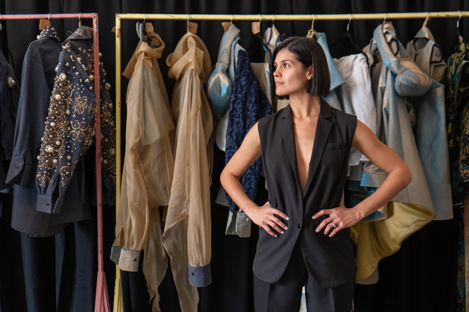 Atelier portrait — model in black vest before Panama Fashion Week show