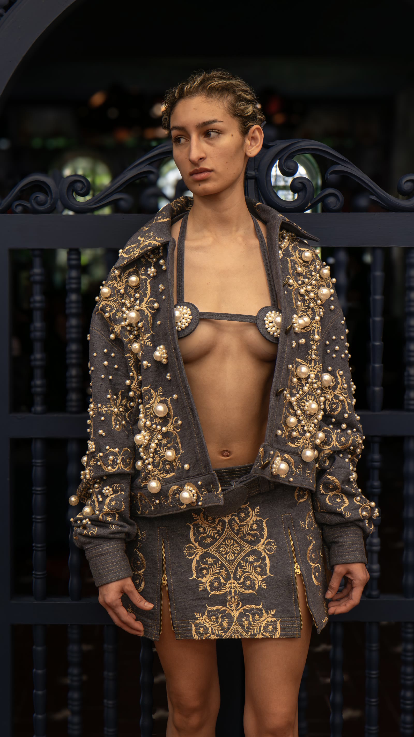 Pearl-embellished jacket at rehearsal — Toribio & Donato, San José